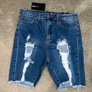 Ripped Mid-Blue Denim Bermuda Shorts - Women Jeans